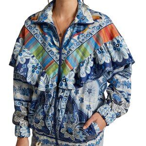 Anthropologie Farm Rio NWOT Blue Palms Windbreaker Jacket Ruffle Detail Size M